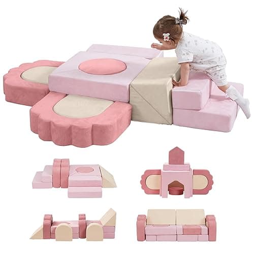 MOOZHEALTH 13 Pieces Foam Climbing Blocks for Toddlers 1-3|Floral Baby Soft Play Gym,Kids Indoor Crawing Climbers & Play Structures for Bedroom,Livingroom & Playroom,Pink & Beige - Pink+beige - Image 1