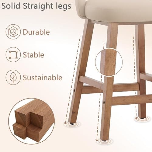 Rowill Counter Height Bar Stools Set of 4, 26 Inch Faux Leather Bar Stools with Back, Upholstered Barstools with Footrest, Wood Legs, Vegan Leather, Khaki thumbnail 5