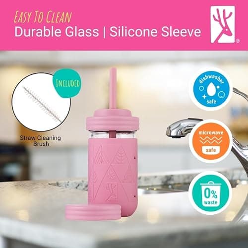 Elk and Friends Kids & Toddler Cups | The Original Glass Mason Jars 12 oz with Silicone Sleeves Straws Smoothie Spill Proof thumbnail 6