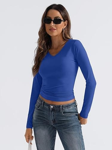 Trendy Queen Long Sleeve Shirts for Women 2025 Fall Fashion V Neck Basics Crop Tops Slim Fitted Y2K Tops Outfits Clothes thumbnail 5