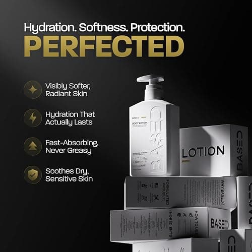 BASED Body Lotion with Ceramides - Santal Scent Men's Hydrating Moisturizer - Fast Absorbing Non Greasy Formula - Softens Dry Skin - Formulated & Filled in USA (13.5 Fl Oz, Pack of 1) thumbnail 2