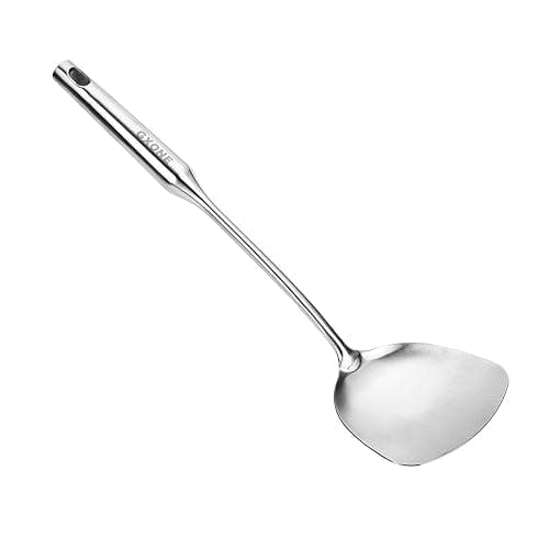 Wok Spatula Stainless Steel, Wide Metal Spatula with Hollow Long Handle Wok Utensils,Silver/14.7Inch - Image 1