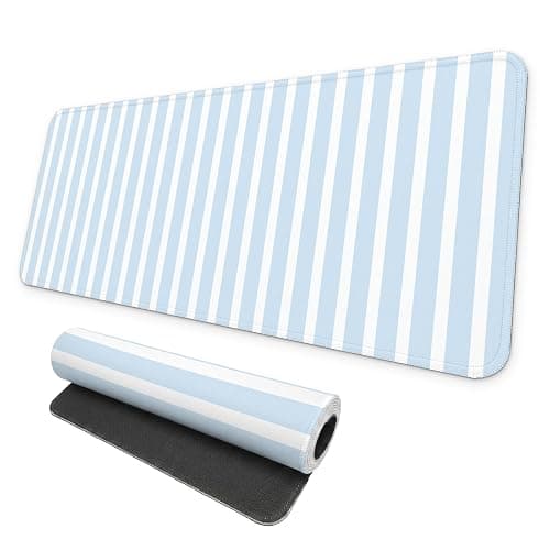 MAY FLOWER Large Aesthetic Mouse Pad, Full Kawaii Keyboard Mat with Cozy Striped Pattern, Cute Computer Mouse Mat, Anti-Slip Rubber Base, 31.5 x 11.8 Inches (Light Blue) - Image 1