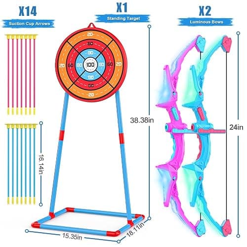 2 Pack of Kids Bow and Arrow Set, Light Up Archery Toy Set with 14 Suction Cup Arrows & Standing Target, Perfect Kids Indoor and Outdoor Toys Birthday Gifts Ideas for 4 5 6 7 8 9 10 Year Boys Girls thumbnail 3