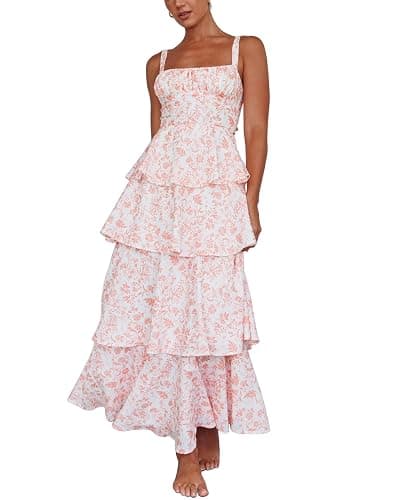 Tiered Ruffle Dress Women Casual Summer Spaghetti Strap Sleeveless Floral Layered Maxi Dress for Women Beach Sundress - Image 1