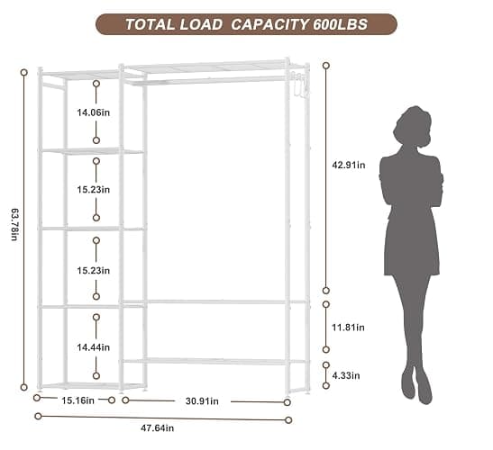 Neprock Clothing Racks for Hanging Clothes with Shelves, Portable Closet System Organizer Garment Rack for Clothes Storage, Metal Free Standing Wardrobe Clothes Organizer(White) thumbnail 3