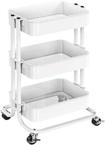 Pipishell 3 Tier Metal Rolling Utility Cart, Heavy-Duty Storage Rolling Cart with 2 Lockable Wheels, Multifunctional Mesh Organization Utility Cart for Kitchen Dining Room Living Room (White) - White - 3 Tier - Image 1