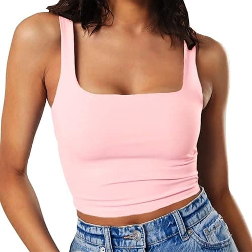 Artfish Women's Sleeveless Strappy Tank Square Neck Double Layer Workout Fitness Casual Basic Crop Tops - Image 1