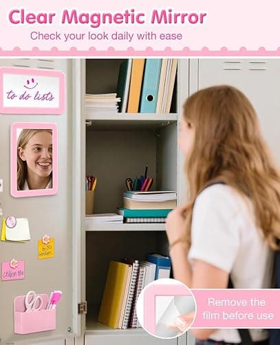 Piffny Pink Locker Accessories for Girls with Magnetic whiteboard, Locker Mirror and Pen Holder, Locker Decoration for School Locker, Locker Organizer for Work, Back to School Essentials thumbnail 3