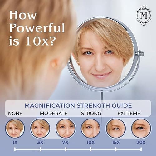 10X Magnifying Makeup Mirror on Round Stand for Tabletop, Bedroom Vanity Desk and Bathroom Counter - Free Standing Double Sided 10X/1X Magnification Mirror - 7" Wide and 14" Tall (Chrome) thumbnail 6