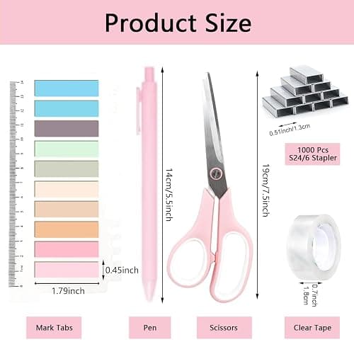 Office Supplies,Pink Desk Accessories,Office Supplies Set,Stapler and Tape Dispenser Set,Scissors,Staple Remover,Binder Clips,Staples,Ballpoint Pen,Index Tabs with Ruler,Clear Tape.9pcs for Office thumbnail 7