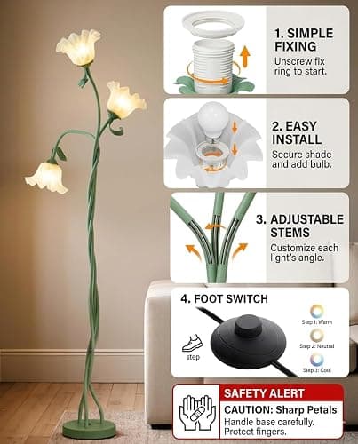 Vintage 3 Head Flower Floor Lamp, LED Standing Lamp for Living Room with E26 Bulb 3 Color Modes Flexible Gooseneck Tall Lamp for Home Bedroom,Corner,Reading | Flexible Gooseneck, Bulb Included, 3 Color Temperatures Vintage Reading Lamp for Bedroom, Corner, Home (Green) thumbnail 5