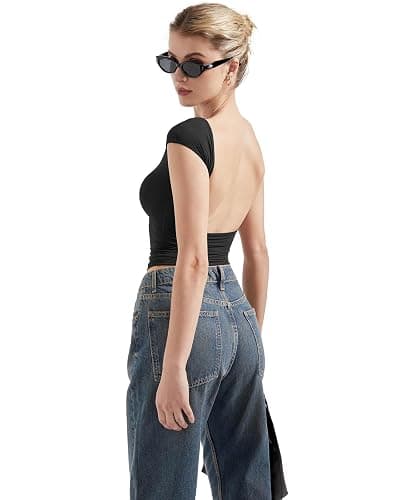 SUUKSESS Women Backless Sexy Going Out Tops Double Lined Open Back Y2k Basic Tee Shirts thumbnail 2