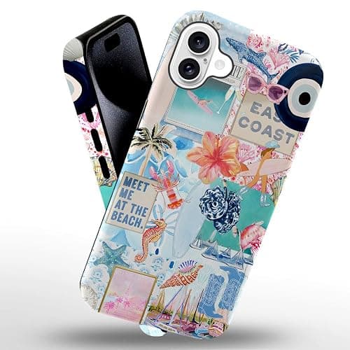 Generic Case Compatible with iPhone 16 Plus,Scratch Resistant Hybrid 2-Layer Hard Shell Phone Case,Seashells Beach Summer Jellyfish Collage thumbnail 2