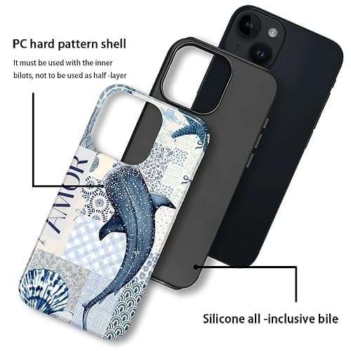 Compatible with iPhone 14 Phone 13 Case - Dual-Layer Protection, Hard Shell with Silicone Interior,Slim Scratch Resistant Shockproof for Woman Men - Whale Starfish Collage thumbnail 2