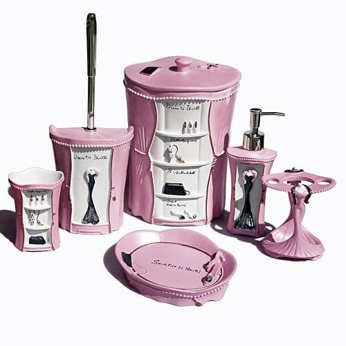 LUANT 6 PCS Bathroom Accessories Including Soap Dispenser, Soap Dish, Tumbler, Teethbrush Holder, Trash Can and Toilet Brush, Decoration for Girl's Bathroom, Countertop Oragnizer, Pink - Image 1