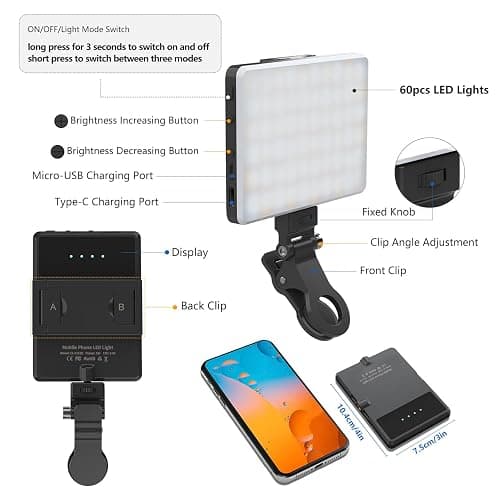 OLRPT Selfie Light, Phone Light with Front & Back Clip, 60 LED Portable Light with 3 Modes, 5000mAh Rechargeable Video Light for Phone, iPhone, IPad, Laptop, TikTok, Makeup, Live Stream, Vlog thumbnail 6