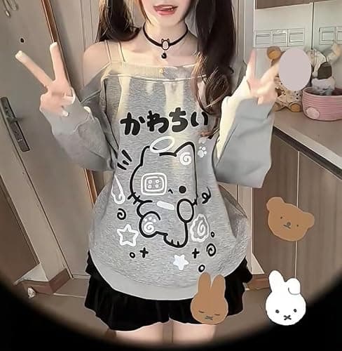 GOTHPICKUS Y2K Off Shoulder Kawaii Cute Graphic Sweatshirt Casual Long Sleeves Hrajuku Tops Cat Print Pullover Sweatshirts thumbnail 3