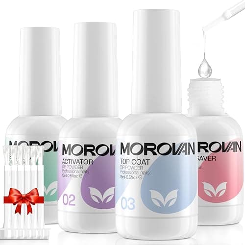 Morovan Dip Powder Liquid Set with Activator Base Top Coat and Dipping Powder Brush Saver 4pcs 0.5oz for Dip Nail Kit - Image 1