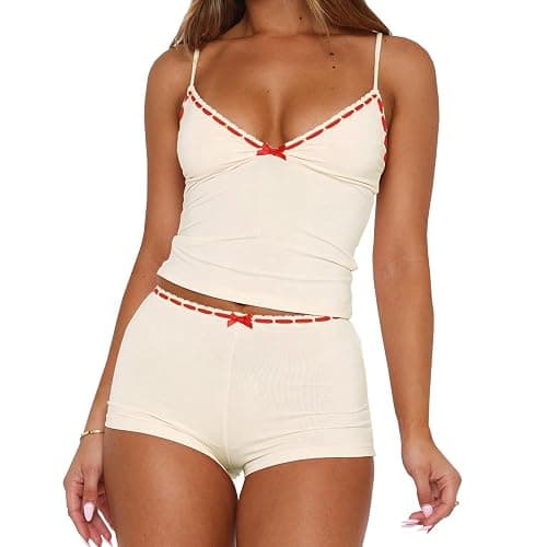 RUEWEY Women 2 Pieces Pajamas Set Bow Loungewear V-Neck Sleeveless Cami Tops and Shorts Sleepwear Outfits - Image 1