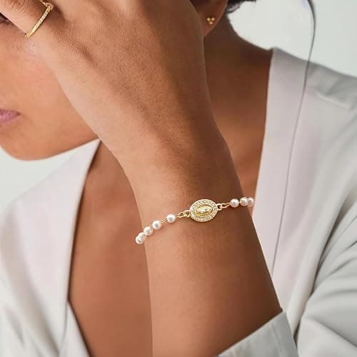 Gold Rosary Bead Cross Bracelet - 14k Gold Plated Virgin Mary Bracelets,Non Tarnish Golden Religious Rosarios Catolicos Virgen de Guadalupe Jewelry,Catholic Confirmation Baptism Gifts for Women thumbnail 2