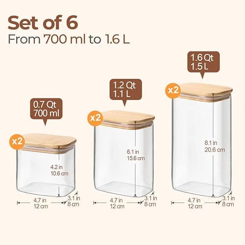 ComSaf Glass Storage Containers With Lids 6-Pack (0.7qt/1.2qt/1.6qt), Glass Pantry Storage Containers, Rectangular Glass Jars With Lid, Glass Canisters For Kitchen Flour Cereal Sugar Tea Coffee Bean thumbnail 2