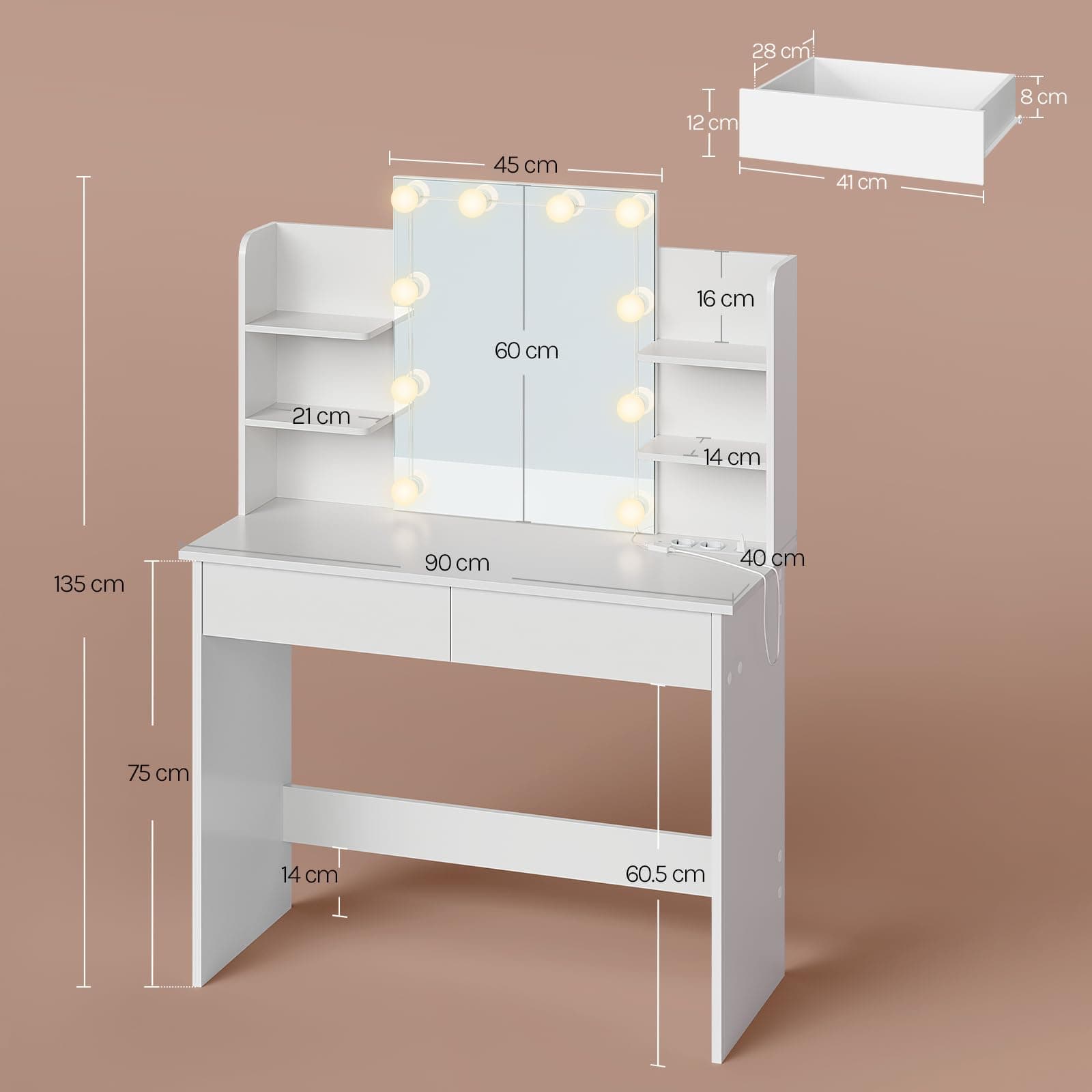WOLTU 10-Bulb Dressing Table, LED String Light White Vanity Unit with Mirror, Power Strip, 2 Drawers, 4 Shelves, 90 x 40 x 135 cm, MB6123ws thumbnail 3