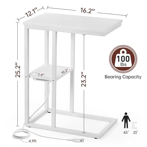 Vagusicc C Shaped End Table with Charging Station, Small Side Table for Couch, Snack Side Table with USB Ports and Outlets for Small Spaces, Slide Under Sofa Table TV Tray Arm C Table for Living Room thumbnail 3