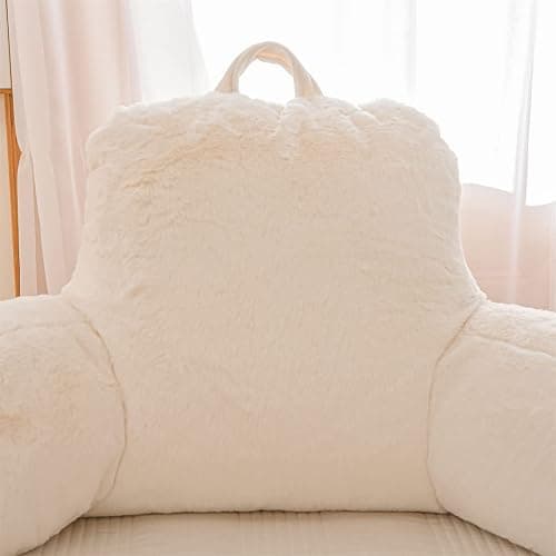 A Nice Night Faux Fur Reading Pillow Bed Wedge Large Adult Children Backrest with Arms Back Support for Sitting Up in Bed/Couch for Bedrest,Ivory thumbnail 3