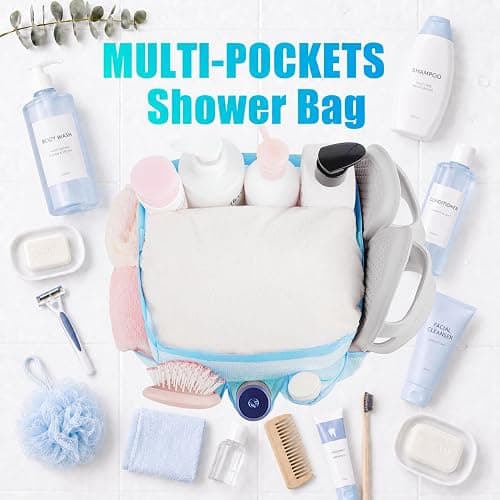 Mesh Shower Caddy Portable - 9 Pockets for College Dorm Room Essential | Large Capacity Mesh Shower Caddy with 9 Pockets, Portable Hanging Toiletry Bag for College Dorm, Gym, Camping and Beach thumbnail 5