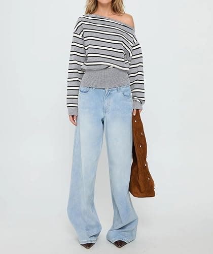 Cioatin Women One Off Shoulder Striped Crop Sweater Asymmetric Long Sleeve Loose Pullover Y2K Cute Knitwear Tops Fall Outfits thumbnail 4