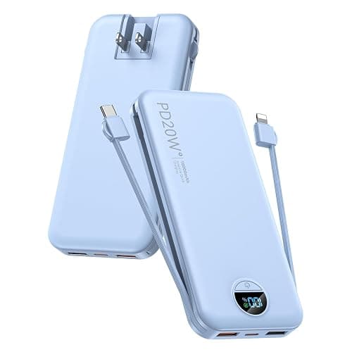 citicr Portable Charger 10000mAh PD20W w/Built-in Cables & Wall Plug Blue | Fast charging, Built-in wall plug, LED display, Charge 5 devices at once, Pass through charging, TSA approved, Pocket size - Image 1