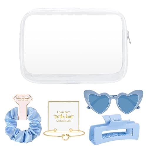 DEEKA 5 Pcs Bridesmaid Proposal Bag Set Gift Clear Makeup Toiletry Bag Bachelorette Party Favors Sunglasses Hair Claw Clips Scrunchies Knot Bracelets Bridal Wedding Party Gifts (Blue) thumbnail 8