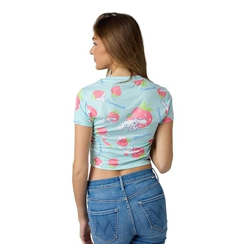 Bioworld Cinnamoroll & Strawberries All-Over Print Women's Blue Crew Neck Short Sleeve Baby Tee thumbnail 4