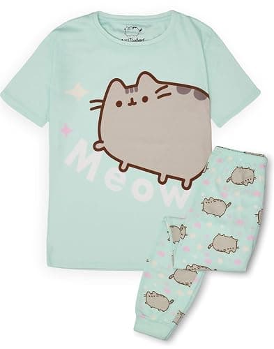 Pusheen Girls Pajama Set | Young Ladies Green Loungewear Short Sleeve T-Shirt & All Over Print Long Leg Pants Complete PJs - Image 1