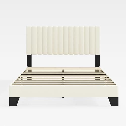 AILUNWALL Queen Size Bed Frame, Velvet Upholstered Platform Bed with Adjustable Tufted Headboard, Sturdy Frame and Slats, Noiseless, No Box Spring Required, Easy to Assemble, Beige thumbnail 9