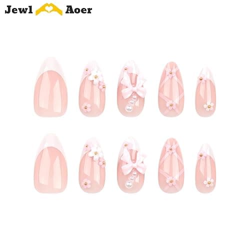 Jewl Aoer Press on Nails Short Almond Pink Artificial Fake Nails 3D Bow Tie Flower Stick On Nail with French Tip Acrylic Reusable Press Ons False Nails Kit for Women Girls-24pcs thumbnail 8