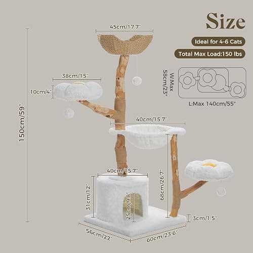 PAWZ Road Cat Tree for Indoor Cats Large Adults, 59 Inches Modern Cat Tower with Large Basket and Hammock, Natural Solid Wood, Luxury Condo & Dual Perches, Modern Cat Furniture for Big Cats, White thumbnail 2