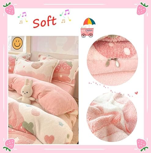 CinYana Pink Strawberry Duvet Cover Set Fluffy Kawaii Cartoon Comforter Cover Soft Kids Twin Size Bedding Set (Strawberry) thumbnail 4