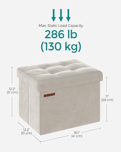Storage Ottoman, Foldable Small Ottoman Foot Rest, 12.2 x 16.1 Inches Foot Stool, OAD up to 286 lb, for Living Room, Bedroom, Dorm, Cream White ULSF200W01 thumbnail 2