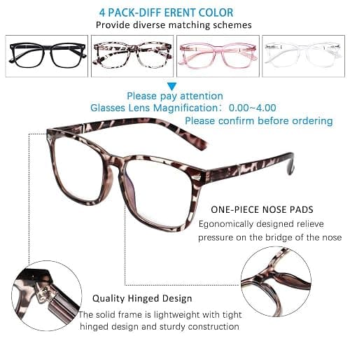 Henotin 4-Pack Blue Light Blocking Reading Glasses Women Men,Spring Hinge Computer Readers,Anti UV Ray Square Nerd Eyeglasses (Mixed Color, 1.25, Diopters) thumbnail 6