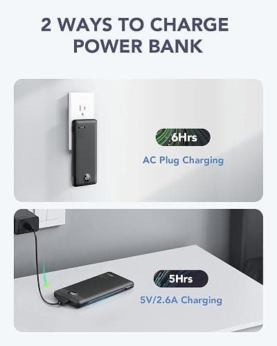 VRURC Portable Charger with Built-in Cables and AC Wall Plug, 10000mAh Power Bank USB C Phone Charger 5 Output 2 Input LED Display Ultra Slim External Battery Pack Compatible with Smart Devices-Black thumbnail 4