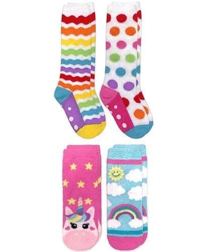 Jefferies Socks Girls Fuzzy Rainbow Animal Pattern Non Skid Slipper Socks 4 Pack - Image 1
