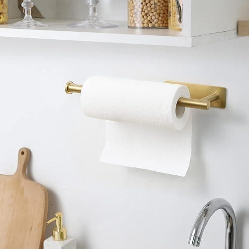 theaoo Paper Towel Holder for Kitchen, Adhesive Under Cabinet Paper Towel Roll Rack for Bathroom Towel, Wall Mounted Matte Black, SUS304 Stainless Steel(1, Gold) thumbnail 7