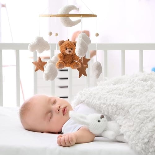 Uixxducc Mobile Baby Windspiele, Babybett Mobile 3D Bär Hase Kaninchen Wolken, Kinderzimmer Hängende Bettglocke, Neugeborenen Geschenk für Baby Jungen und Mädchen (Braun Bär) thumbnail 2