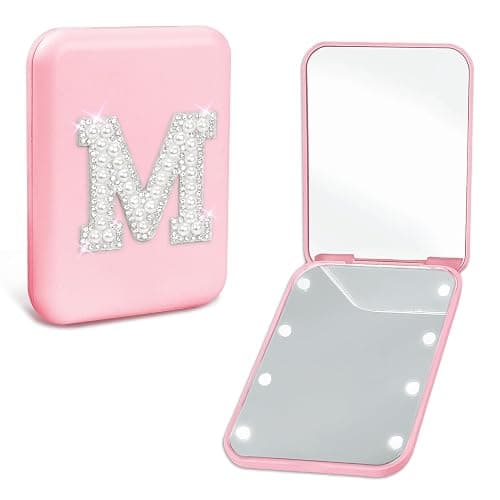 Aganmi Personalized Gifts Small LED Pink Mirror with Lights for Teen Girl | Trendy Stuff,Folding Compact Mirror,Preppy 1X/2X Magnification Travel Makeup Pocket Mirror for Women,Pearl Initial (M) - Image 1