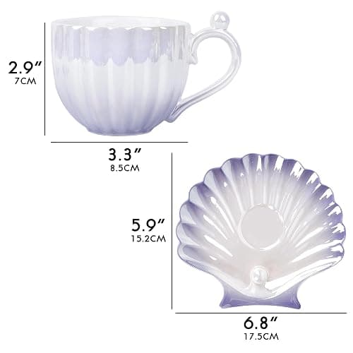 DODAMOUR Pearl Shell Cup and Saucer Set, 8oz Gradient Purple Ceramic Coffee Mug with Finish and Pearl Handle, Vintage Tea Cup with Shell Plate for Cappuccino, Latte, Home or Gift (Purple) thumbnail 3