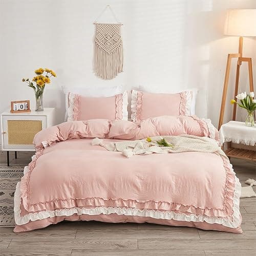 Koudi Pink Ruffled Duvet Cover Set Full Size Shabby Chic White Ruffle Fringe Comforter Cover Solid Color Vintage Farmhouse Bedding Set Soft Microfiber with Zipper Ties - Image 1