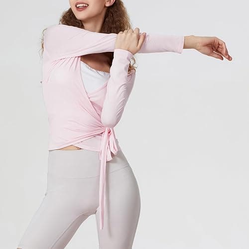 Women Ballet Wrap Top Long Sleeve Self Tie Dance Shirt Pilates Yoga Tops Y2k Workout Active Blouses thumbnail 5