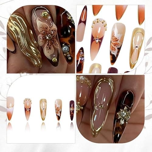 Gleamrain Stiletto Press on Nails Long Almond Brown False Nail with Flower and Swirl Designs 3d Fall Nails Press Ons for Women 24pcs thumbnail 6
